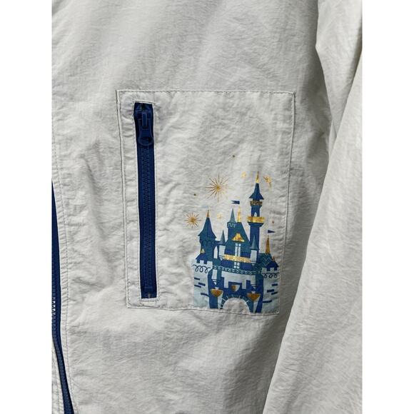 Disneyland Resort Windbreaker Jacket L Gray Blue Castle Graphic Hooded Zip Up - Picture 3 of 10